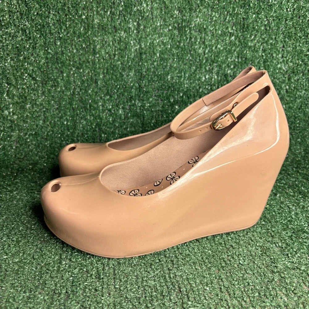 NEW Melissa Jelly Peep Toe Ankle Strap Wedge Sandals Nude Pink Shoes Womens Sz 9